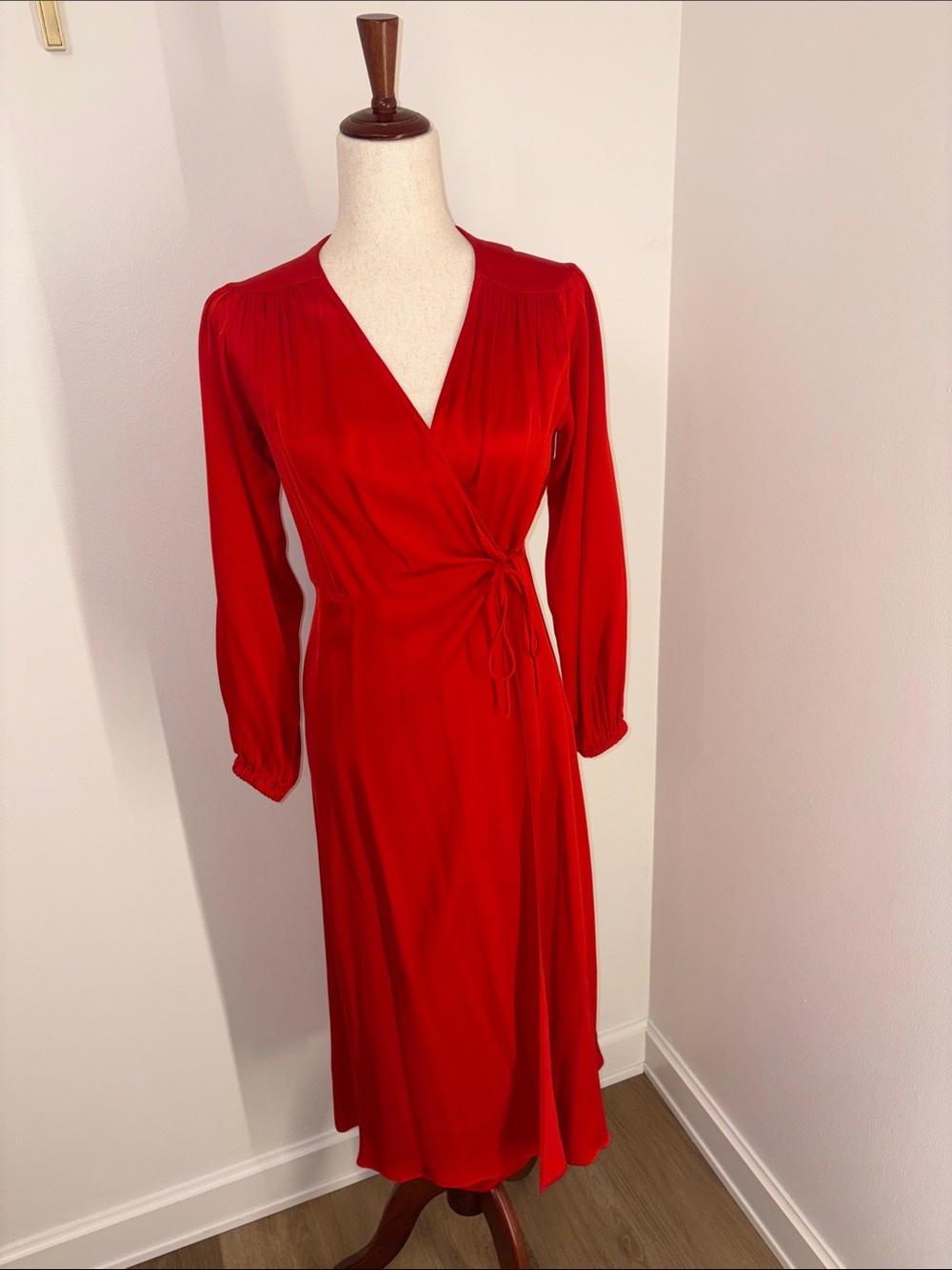 Zara Red Wrap-Style Midi Dress with Tie Detail